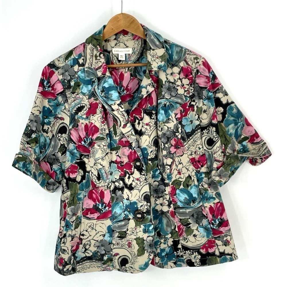 Vintage Coldwater Creek 18W Jacket Top Short Sleeve‎ Beige Abstract Floral Print
